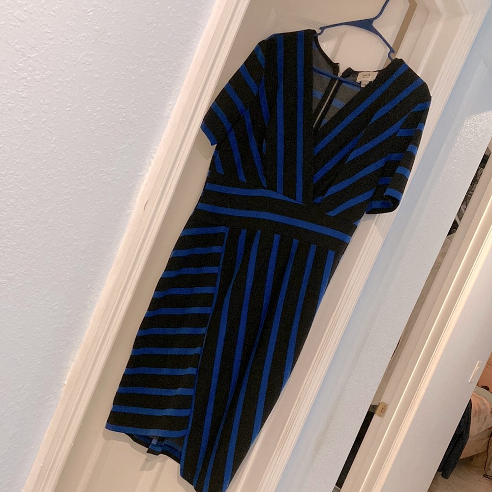 Black & Royal Blue Striped V-Neck Women’s Dress